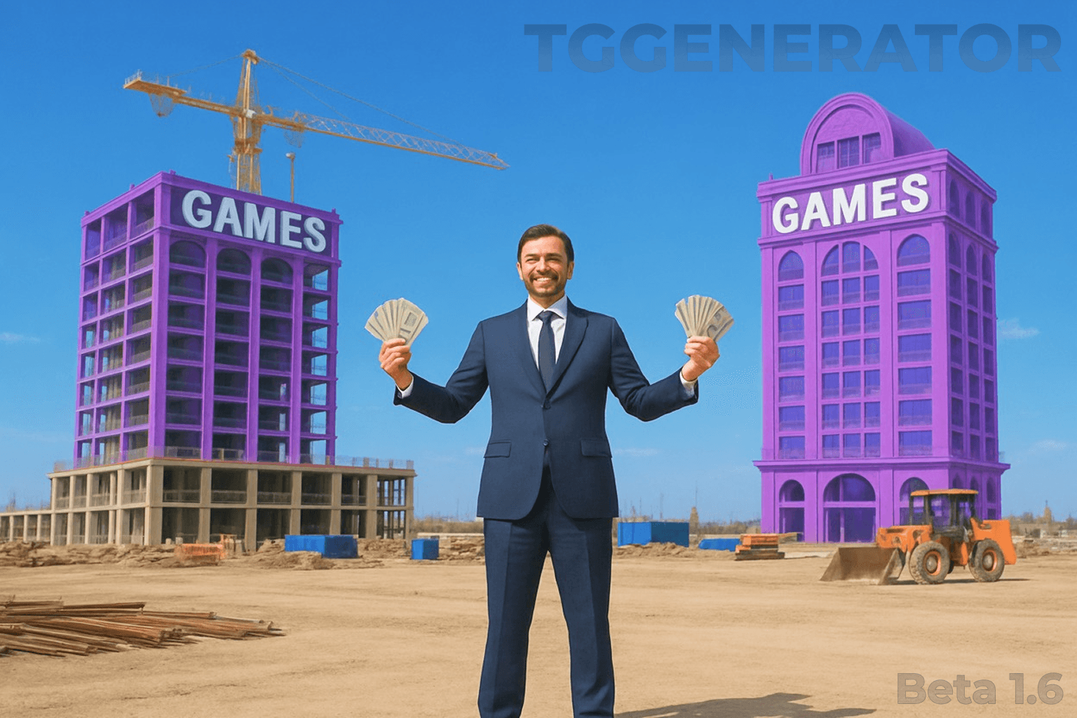 Интерфейс Telegram-бота TGGenerator с примерами сгенерированных мини-игр и AI-дизайном